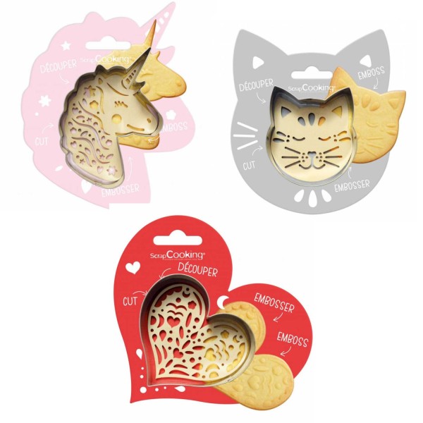 Kit pour biscuit en relief Chat + Licorne + Coeur - Photo n°1