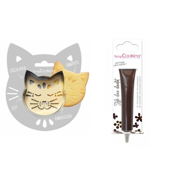 Kit pour biscuit en relief Chat + Stylo au chocolat marron - Photo n°1