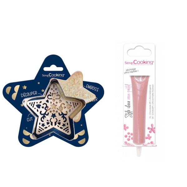 Kit pour biscuit en relief Étoile + Stylo au chocolat rose pastel - Photo n°1