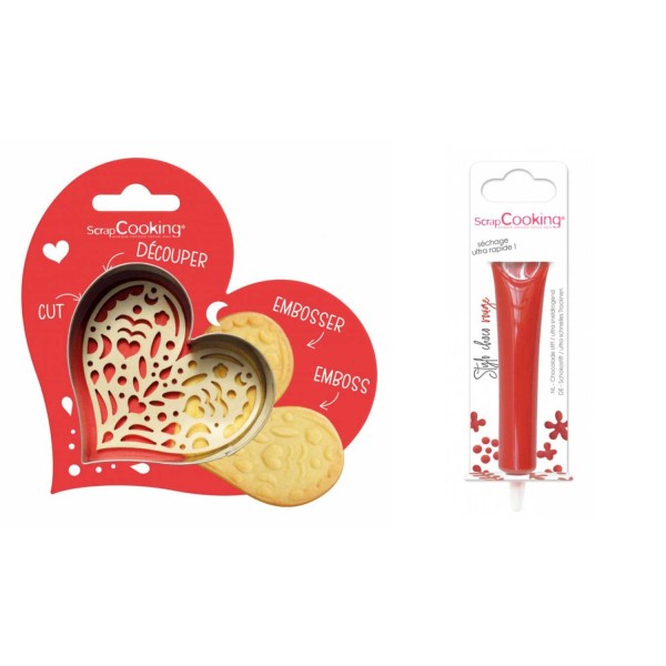 Kit pour biscuit en relief Coeur + Stylo au chocolat rouge - Photo n°1
