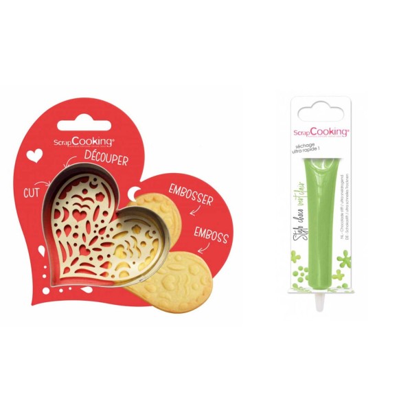 Kit pour biscuit en relief Coeur + Stylo au chocolat vert clair - Photo n°1