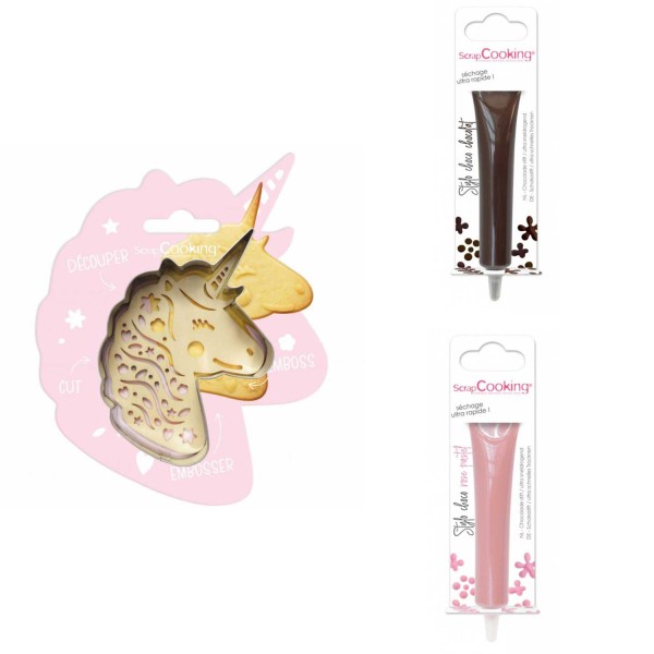 Kit pour biscuit en relief Licorne + 2 Stylos au chocolat marron et rose pastel - Photo n°1