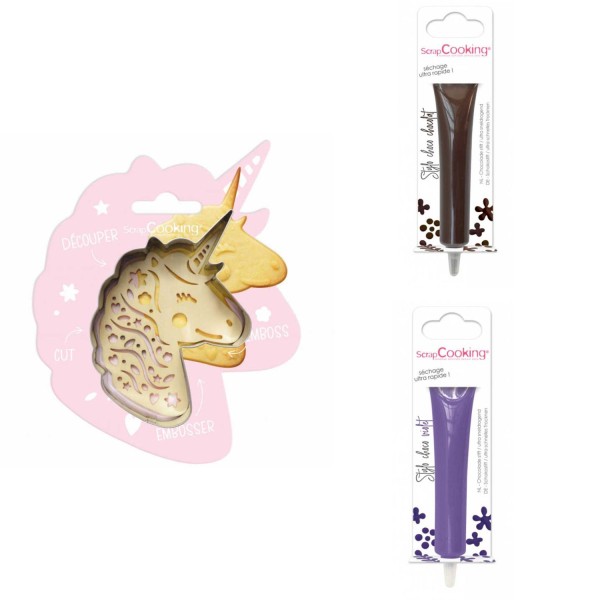 Kit pour biscuit en relief Licorne + 2 Stylos au chocolat marron et violet - Photo n°1