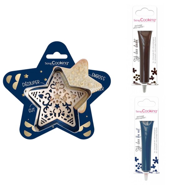 Kit pour biscuit en relief Étoile + 2 Stylos au chocolat marron et bleu nuit - Photo n°1
