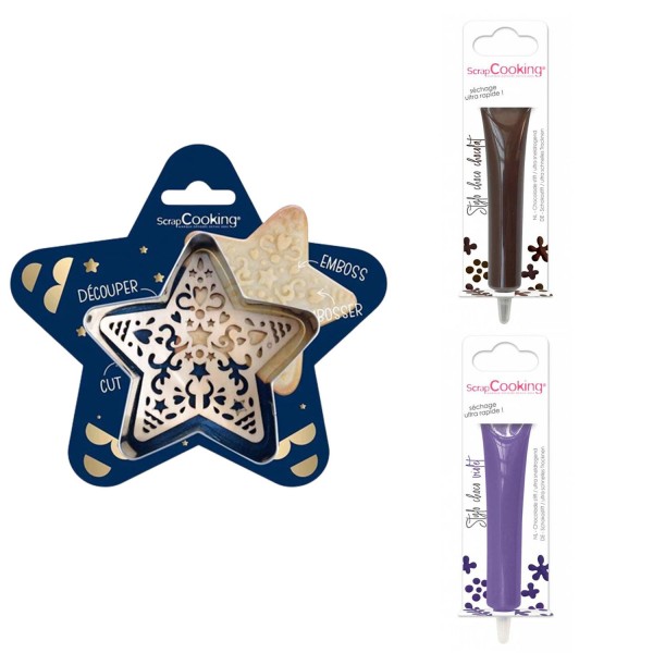 Kit pour biscuit en relief Étoile + 2 Stylos au chocolat marron et violet - Photo n°1