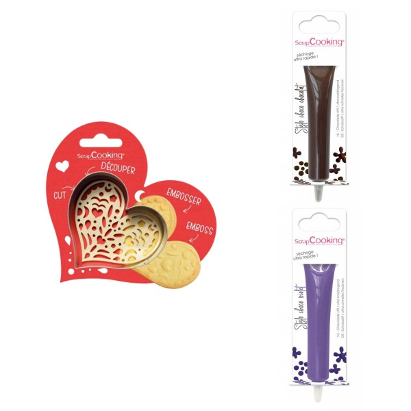 Kit pour biscuit en relief Coeur + 2 Stylos au chocolat marron et violet - Photo n°1