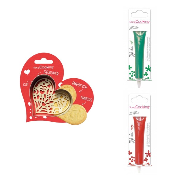 Kit pour biscuit en relief Coeur + 2 Stylos au chocolat vert et rouge - Photo n°1