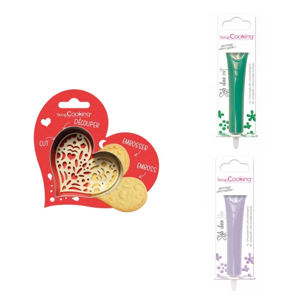 Kit pour biscuit en relief Coeur + 2 Stylos au chocolat vert et lilas - Photo n°1