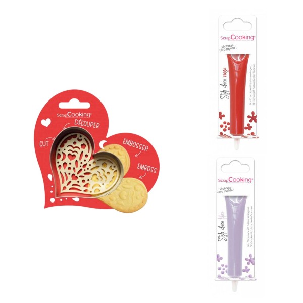 Kit pour biscuit en relief Coeur + 2 Stylos au chocolat rouge et lilas - Photo n°1
