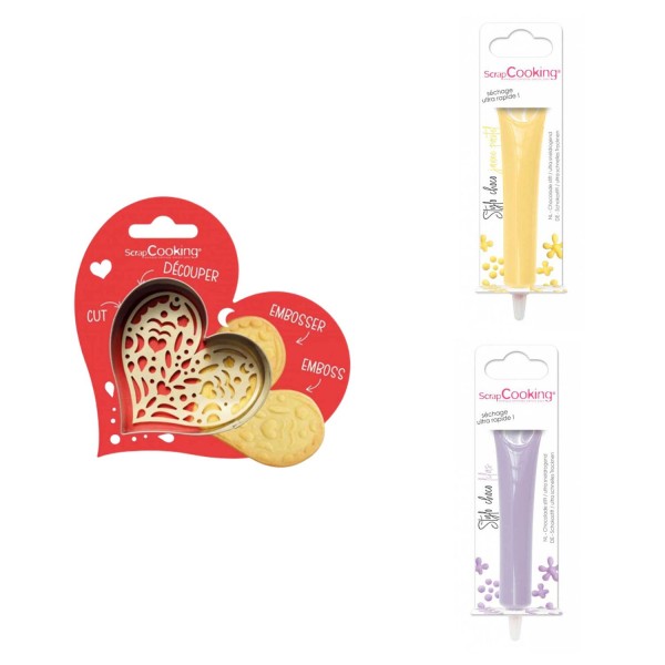 Kit pour biscuit en relief Coeur + 2 Stylos au chocolat jaune pastel et lilas - Photo n°1