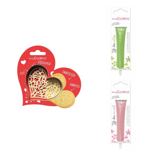 Kit pour biscuit en relief Coeur + 2 Stylos au chocolat vert clair et rose pastel - Photo n°1