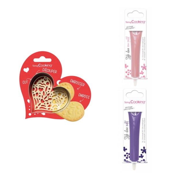 Kit pour biscuit en relief Coeur + 2 Stylos au chocolat rose pastel et violet - Photo n°1