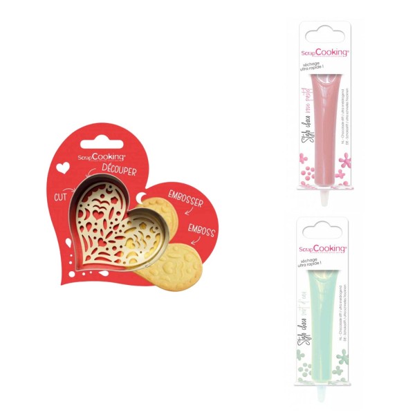 Kit pour biscuit en relief Coeur + 2 Stylos au chocolat rose pastel et vert d'eau - Photo n°1