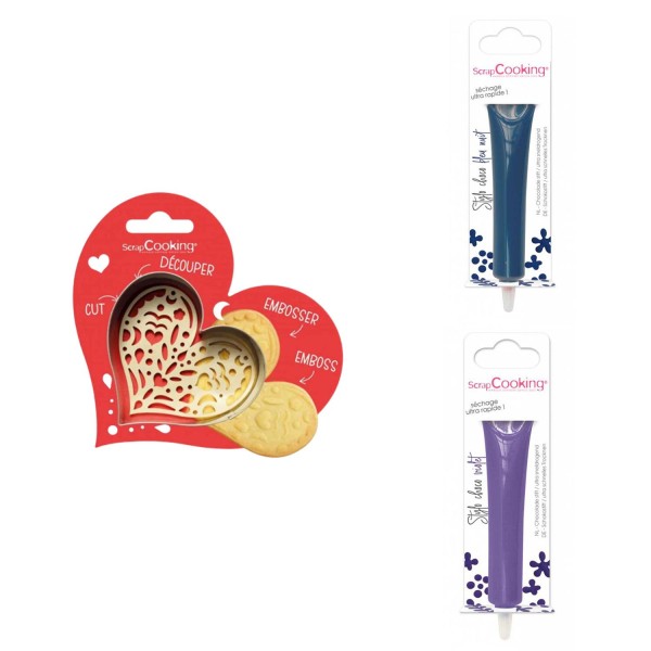 Kit pour biscuit en relief Coeur + 2 Stylos au chocolat bleu nuit et violet - Photo n°1
