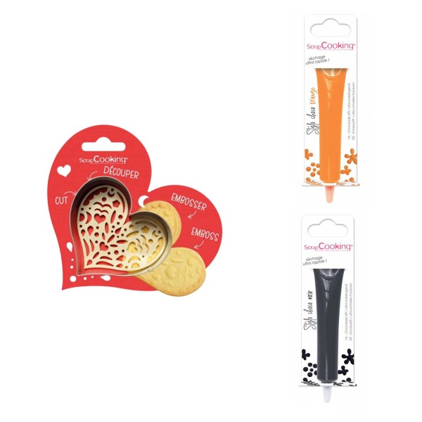 Kit pour biscuit en relief Coeur + 2 Stylos au chocolat orange et noir - Photo n°1