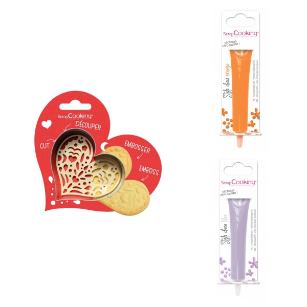 Kit pour biscuit en relief Coeur + 2 Stylos au chocolat orange et lilas - Photo n°1