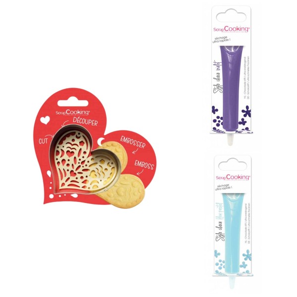 Kit pour biscuit en relief Coeur + 2 Stylos au chocolat violet et bleu pastel - Photo n°1