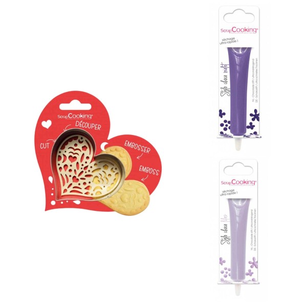 Kit pour biscuit en relief Coeur + 2 Stylos au chocolat violet et lilas - Photo n°1
