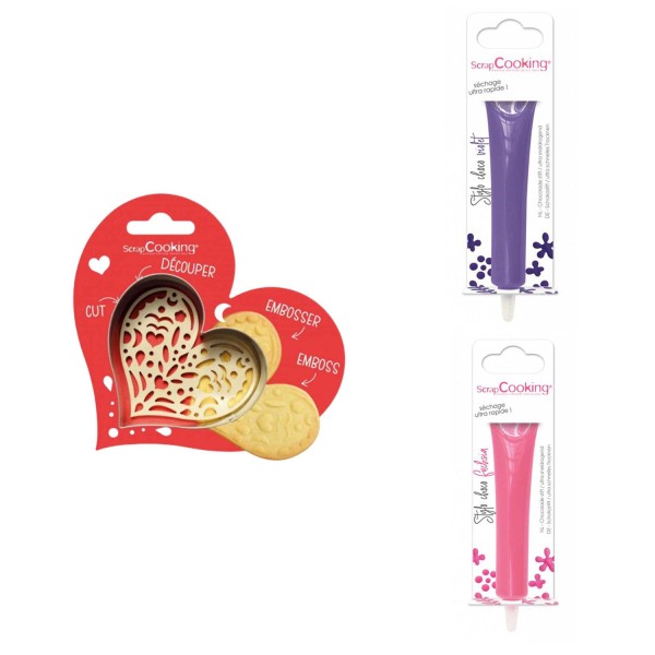 Kit pour biscuit en relief Coeur + 2 Stylos au chocolat violet et fuchsia - Photo n°1