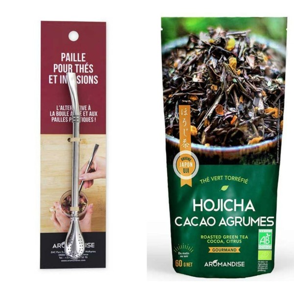 Thé Vert Bio Japonais Hojicha Cacao Agrumes 60 G + paille en inox avec filtre intégré - Photo n°1
