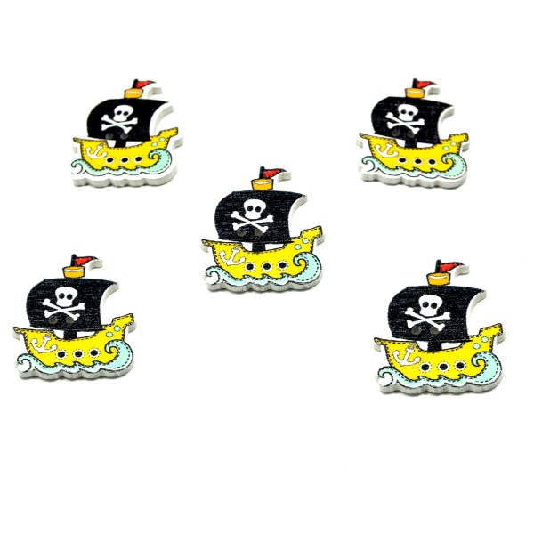LOT 5 BOUTONS BOIS : Pirate voilier 32*26mm (01) - Photo n°1