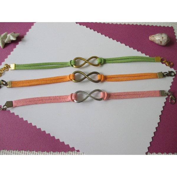 Lot de 3 kits de bracelet suédine rose, vert et orange avec lien infini - Photo n°1