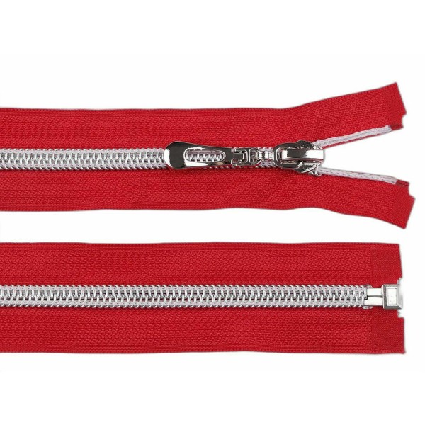 Zipper de nylon rouge 1pc avec dents d'argent largeur 7 mm longueur 65 cm, bobine ouverte, zippers, - Photo n°1
