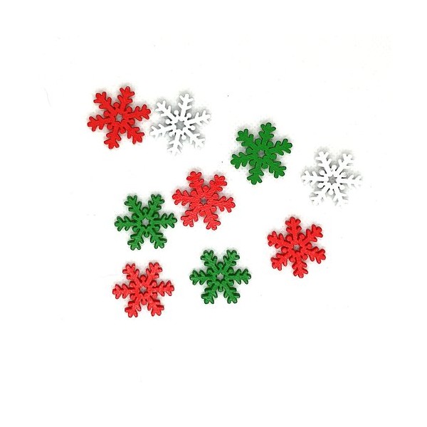 9 Boutons en bois fantaisie - flocon de neige blanc rouge et vert - 22mm - BRI749-3 - Photo n°1