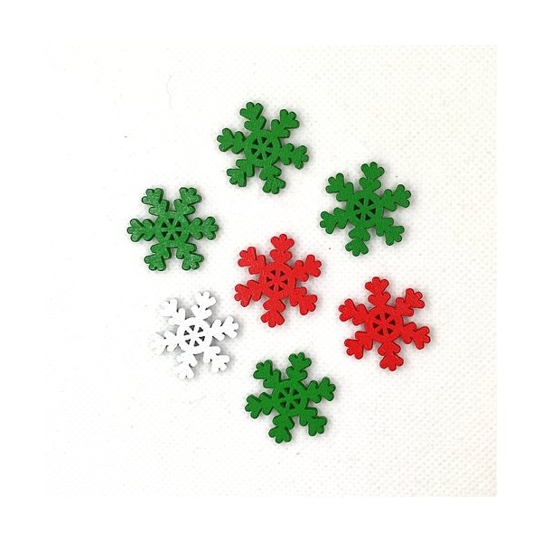 7 Boutons en bois fantaisie - flocon de neige blanc rouge et vert - 22mm - BRI749-4 - Photo n°1