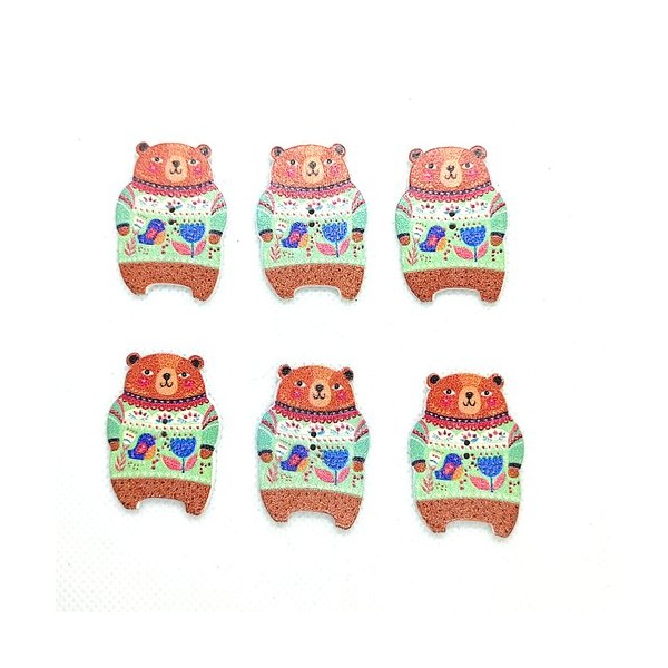 6 Boutons en bois - ours - marron et multicolore - 35x25mm - Photo n°1
