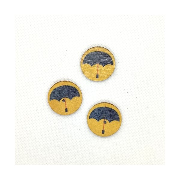 3 Boutons fantaisie en bois - parapluie noir sur fond jaune - 25mm - Photo n°1