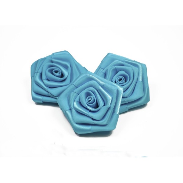 Sachet de 3 roses satin de 6 cm de diametre turquoise 340 - Photo n°1