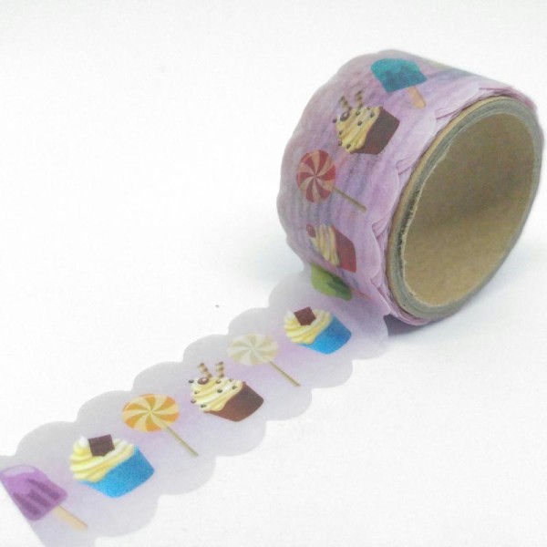 Washi tape bords découpés motifs cupcakes, glaces et sucettes 3mx22mm multicolore fond rose - Photo n°1