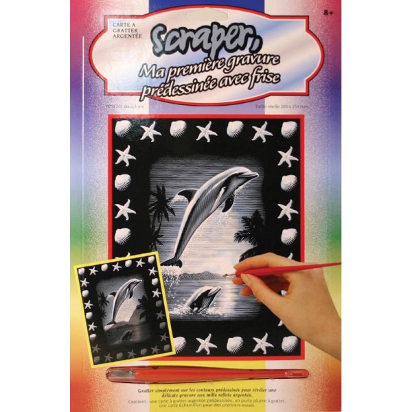 Carte à gratter Scraper Argent avec frise 20 x 25 cm - Dauphins - Photo n°1