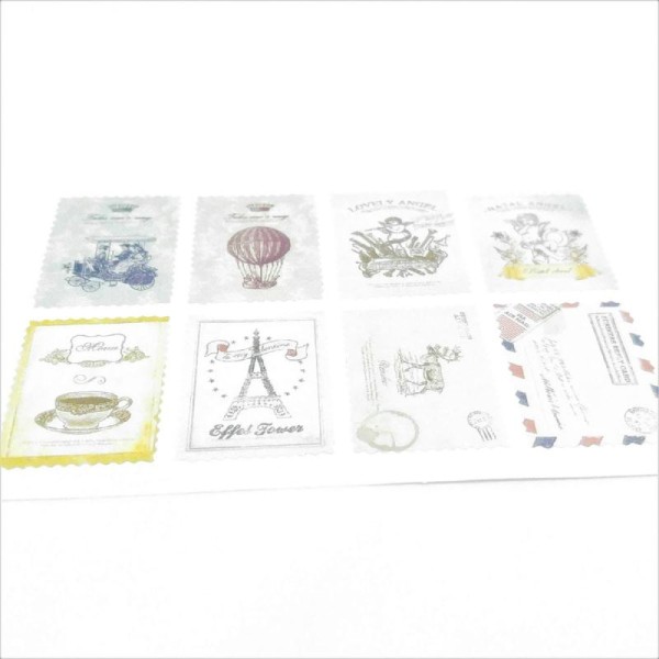 Planche 8 stickers timbres anges, montgolfière, tasse de thé messages 21x29mm multicolore - Photo n°1