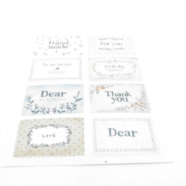 Planche de 8 stickers timbres motifs messages «dear, hand made » fleuris 21x29mm multicolore - Photo n°1