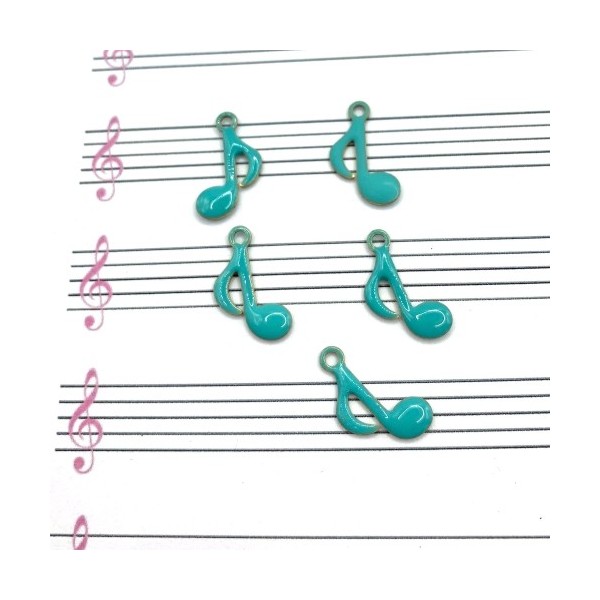 2 Breloques Sequins Emaillés Note Musique Croche, Breloque émaillée Bleu Vert, 15*9 mm - Photo n°1