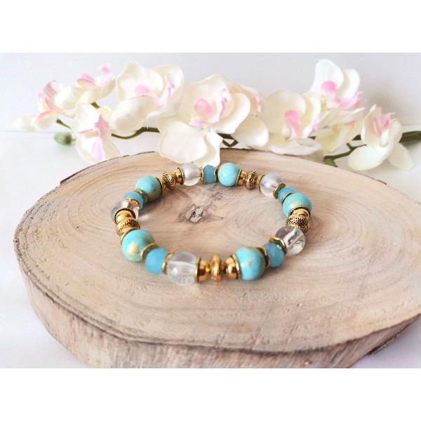 Kit bracelet fil élastique perles jade bleu taches dorées - Photo n°2