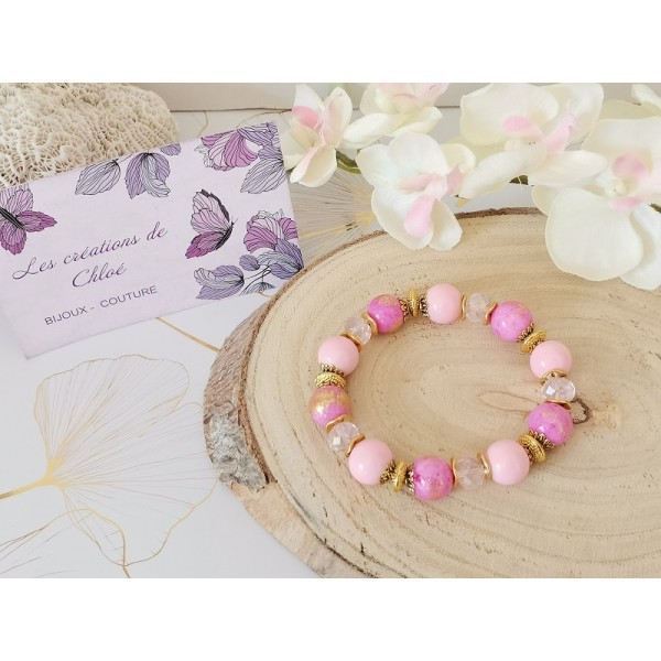 Kit bracelet fil élastique perles jade rose taches dorées - Photo n°2