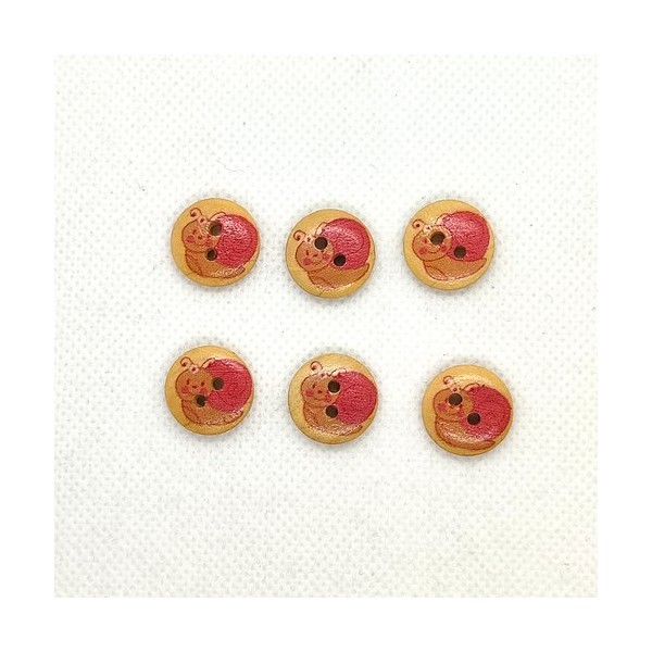 6 Boutons en bois - escargot rose sur fond beige - 15mm - Photo n°1