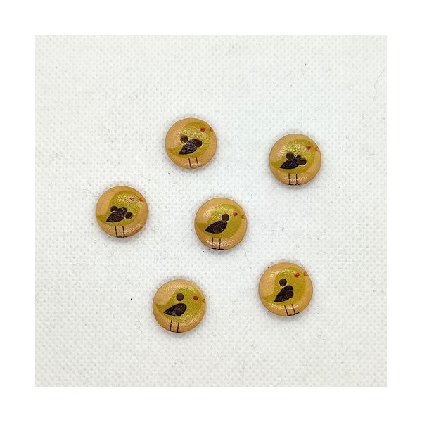 7 Boutons en bois - oiseaux vert et noir sur fond beige - 15mm - Photo n°1