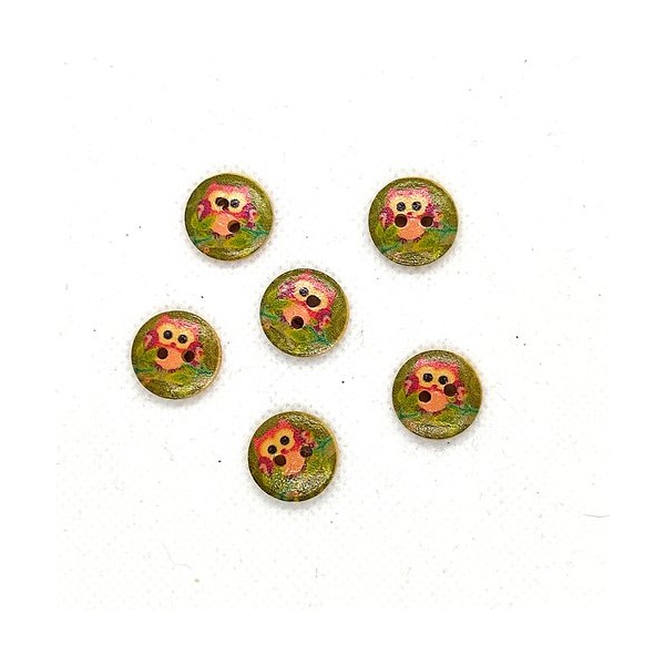 6 Boutons en bois - chouette multicolore sur fond vert - 15mm - Photo n°1