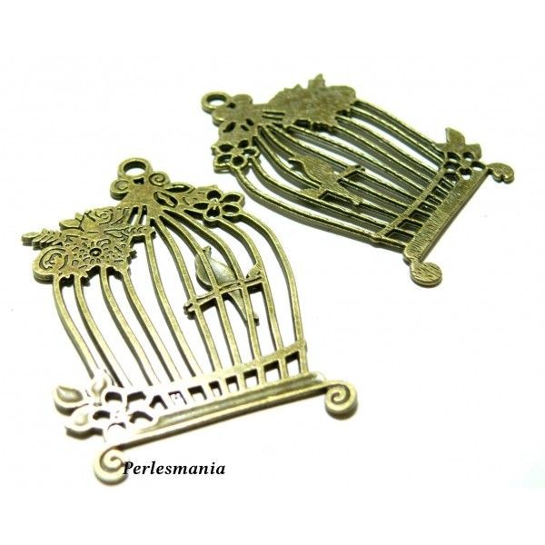 REF 2D1775 PAX 2 pendentifs Cage oiseaux métal coloris Bronze - Photo n°1