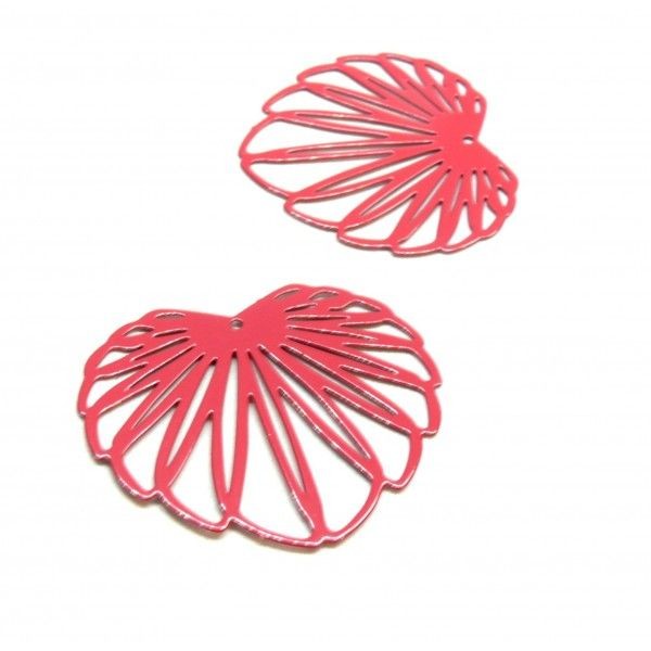 AE117110 Lot de 2 Estampes - pendentif filigrane Feuille de Lotus 35 par 32mm - laiton coloris Rose - Photo n°1