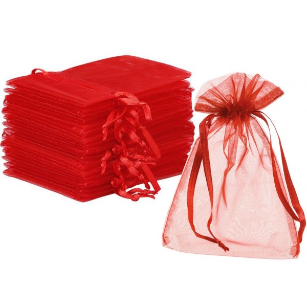 Lot 10 grands sachets organza Rouge, Pochettes organdi 12,5x17 cm pour dragées, cadeaux, mariage, an - Photo n°1