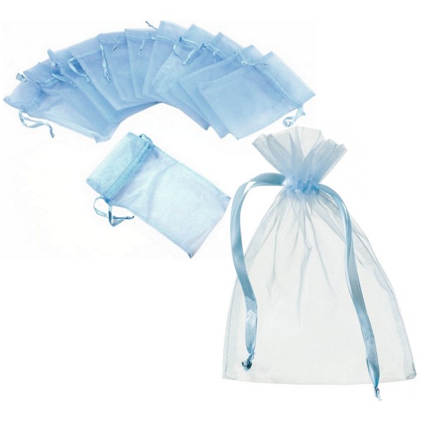 Lot 12 grands sachets organza Bleu clair, Pochettes organdi 12,5x17 cm pour dragées, cadeaux, mariag - Photo n°1