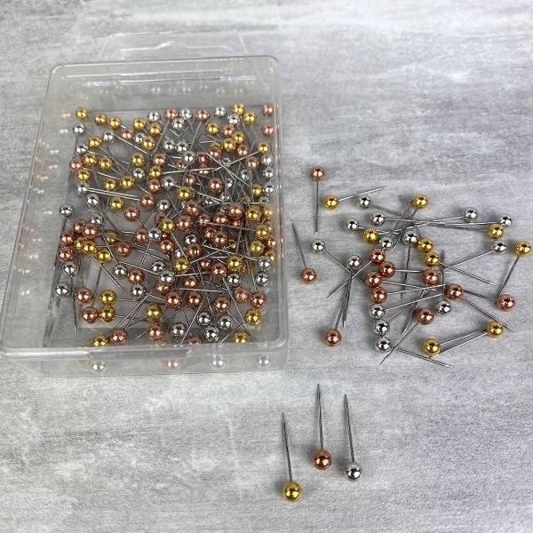 Lot de 200 petites épingles perles argenté doré cuivré, longueur 1,6 cm, aiguilles têtes 4 mm - Photo n°1