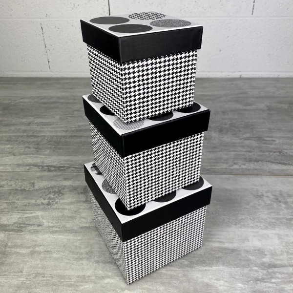 Lot de 3 boites gigognes en carton, 13,5 cm à 9 cm, pied de poule noir et blanc - Photo n°1