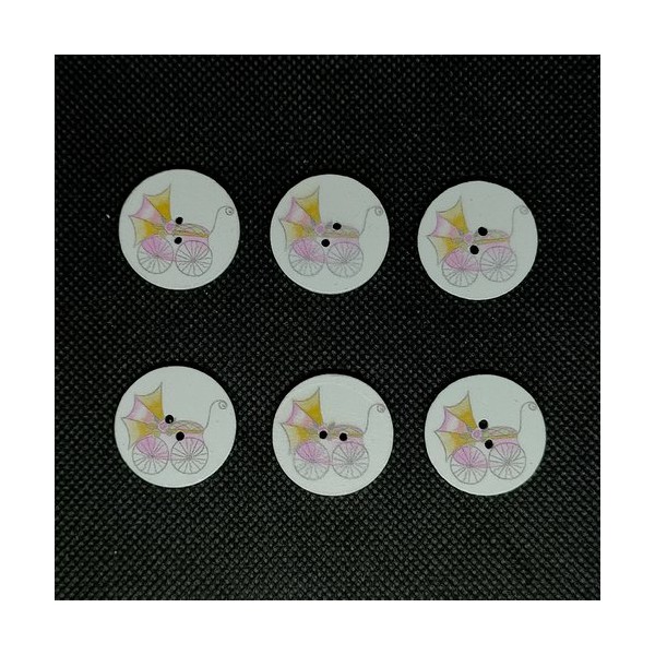 6 Boutons en bois - landau jaune et rose sur fond blanc - 25mm - 1 - Photo n°1