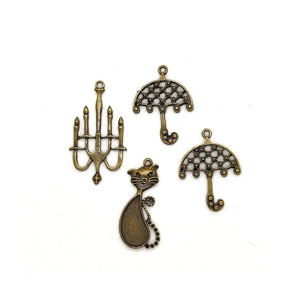 4 Breloques en métal bronze - chat chandelier et parapluie - taille diverse - 87 - Photo n°1